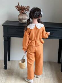 SHEIN Vintaside Kids 2pcs/Set Young Girl Fashionable Casual Fuzzy Ribbed Asymmetric Hem Sweatshirt And Pants Set, Suitable For Outgoing, Vacation, Everyday Wear, Fits Autumn & Spring, Fashion , Cute, Stylish