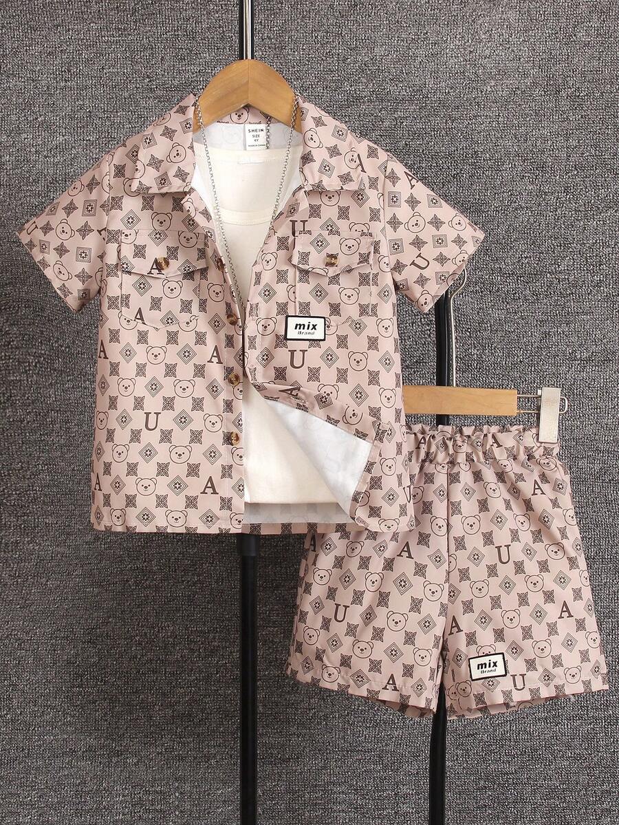 Camisa con estampado integral y shorts a juego con estampado integral, cuello cuadrado de moda básica retro para niños pequeños, apropiado para primavera y verano - Marrón - Ver 1