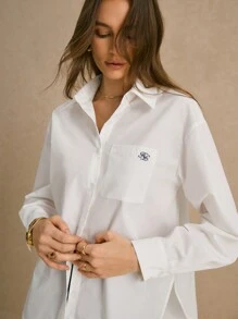 Poéselle Women's Casual Drop Shoulder Loose Pocket Shirt, Letter Embroidery, Basic Essential, Fall Winter Clothes, Effortless Chic Essential, FW24