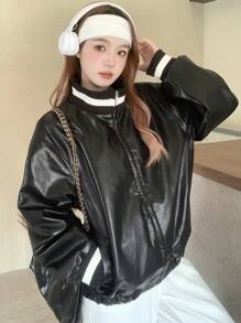DAZY Women's Spring/Autumn Long Sleeve Striped PU Leather Loose Casual Baseball Jacket,Fall Women Clothes - Black - View 7