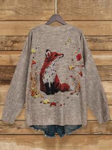 Linhara Plus Size Women's Fox Pattern Crew Neck Loose Knitted Sweater, For Winter