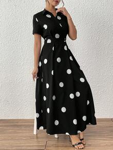 SHEIN Clasi Elegant Polka Dot Print Button Design Dress, Summer - Black and White - View 6