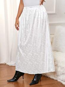 SHEIN Frenchy Plus Size Elegant Floral Jacquard Skirt, Spring Autumn - White - View 5