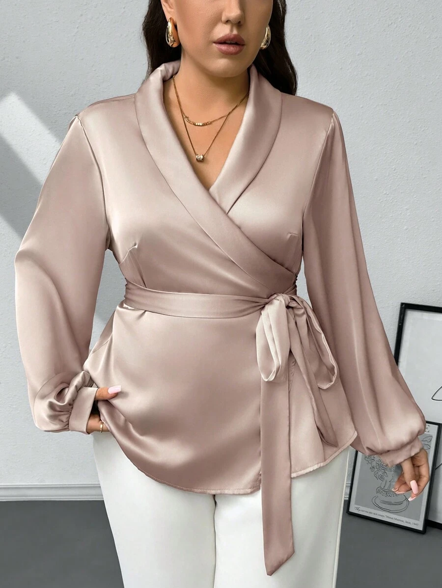 SHEIN Privé 大碼燈籠袖圍裹側打結襯衫 - 卡其色 - 查看 1