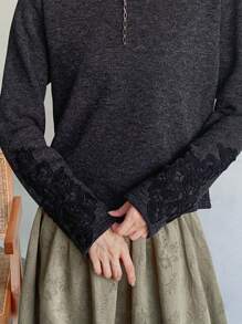 FRIFUL 女士休闲圆领长袖撞色蕾丝T恤，春秋装，秋季女装 - 黑色 - 查看 3