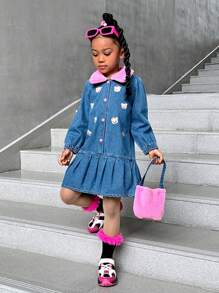 SHEIN Explorewe Young Girls Long Sleeve Belted Fluffy Collar Patchwork Washed Real Denim Fashion Dress With Bear Embroidery Pleated Hem, Suitable For Autumn And Winter - Multicolor - View 8