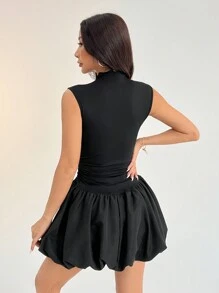 SHEIN PETITE Casual Women's Solid Color Stand Collar Summer Dress Bachelorette Dress Y2k Dress Summer Women Dresses Black Lantern Dress Hem Dress /Flower Bud Hem/Ruffle/Birthday Outfit/Bubble - Black - View 5