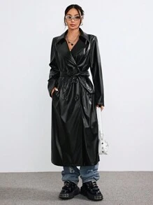 Muchica 女士冬季街头服饰音乐节皮革系带宽松长款外套 - 黑色 - 查看 3