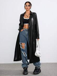 Muchica 女士冬季街头服饰音乐节皮革系带宽松长款外套 - 黑色 - 查看 5