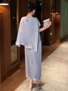 DAZY 2 件套女士纯色 Polo 领上衣和 A 字裙，秋季服装 - 藍色 - 查看 2