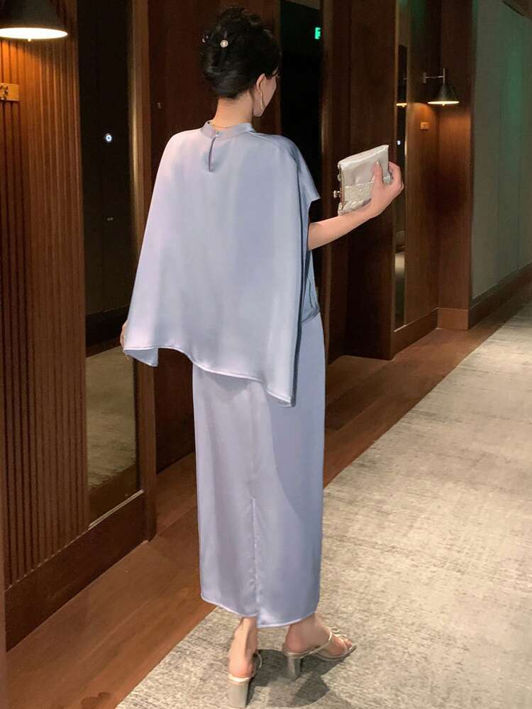 2pcs/Set Women Solid Color Polo Neck Top And A-Line Skirt,Fall Clothes