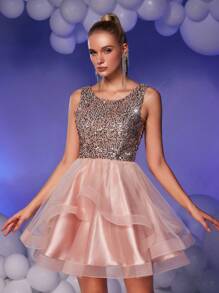 SHEIN Belle Elegant, Romantic And Gorgeous Lotus Pink Sequined Mesh, Round Neck Vest Sleeves, Asymmetric Puff Dress, Suitable For Prom, Bachelor Party, Dinner Date, Formal Prom Dress., Semi Formal Dress, For Birthday, Wedding Guest, Graduation Homecoming - Pink - View 5