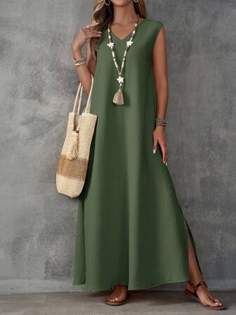 EMERY ROSE Khaki strukturiertes Damen Kleid mit V-Ausschnitt, Ärmellos und Schlitz Saum
