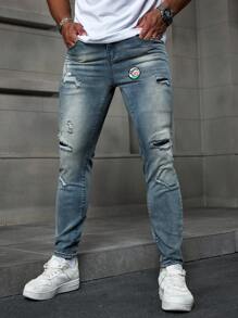 Manfinity LEGND Men's Light Blue Washed Stretch Denim Skinny Jeans - Light Wash - View 4