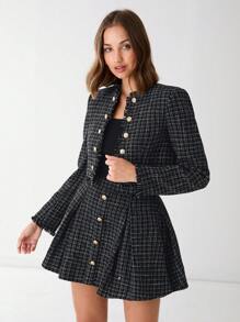 Enchnt Spring/Summer Romantic Women's Black Plaid Fashionable Metal Buttons Decor Long Sleeve Fringe Casual Tweed Jacket,Sweet&Elegant Outfit For Party And Sweet Date Night &Holiday & Graduation Dress&Daily Commuting&Vacation - Black - View 9