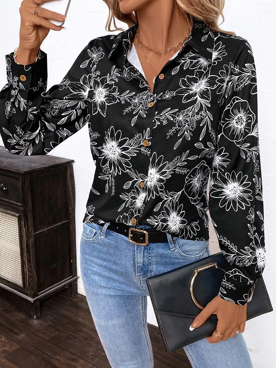 SHEIN Clasi Women's Front Button Long Sleeve Allover Print Casual Shirt - Black - View 1