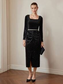MOTF PREMIUM VELVET SQUARE NECK RUCHED FRONT RHINESTONE MIDI DRESS WITHOUT BELT - Black - View 6