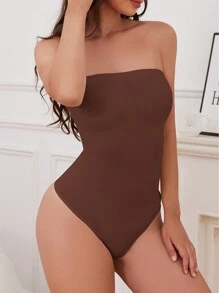 Women's Solid Color Bandeau One-Piece Shapewear - Coffee Brown - View 4