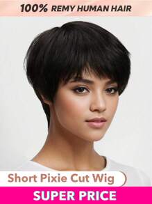 Perucă scurtă și dreaptă din păr uman, cu breton - Snatural - Vizualizare 1