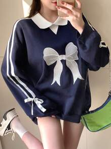 DAZY Women's Contrast Color Patchwork Ribbon Tie Embroidered Bow Sweatshirt,Long Sleeve Tops,Fall Clothes,Thermal Lined - Navy Blue - View 9