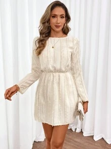 SHEIN Clasi 纹理激光切割圆领长袖连衣裙 - 杏色 - 查看 6