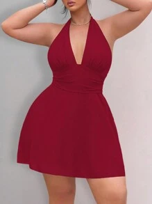 Flirla Plus Size Cross Front Backless Sleeveless Solid Color Chiffon Dress - Burgundy - View 1