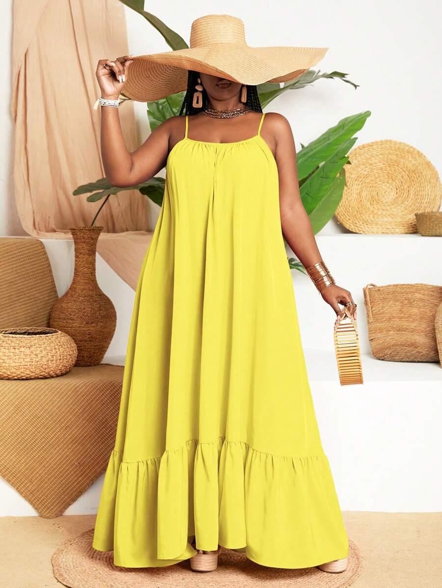 Slaydiva Plus Spaghetti Strap Flowy A-Line Dress - Yellow - View 1