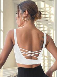 Easithlete 露背交叉短款背心 - 白色 - 查看 3