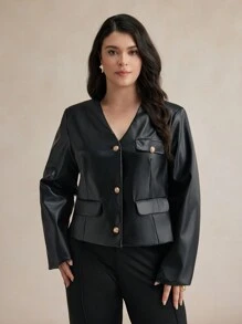 BizChic Chaqueta casual de manga larga con cuello en V, botones frontales y de piel de PU, talla grande - Negro - Ver 6