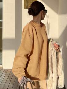 DAZY Women's Solid Color Patchwork PU Round Neck Sweater,Fall Clothes - Khaki - View 2
