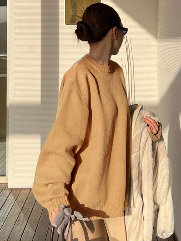 Women's Solid Color Patchwork PU Round Neck Sweater,Fall Clothes