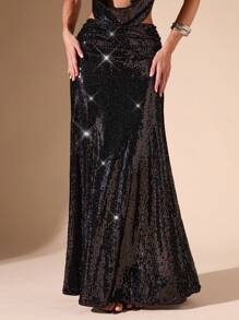 SHEIN BAE Autumn/Winter Sequin Embellished Glamorous Sexy Women's Long Mermaid Skirt, Suitable For Nightclub, Party, Graduation, Birthday Gathering, Halloween Outfits
