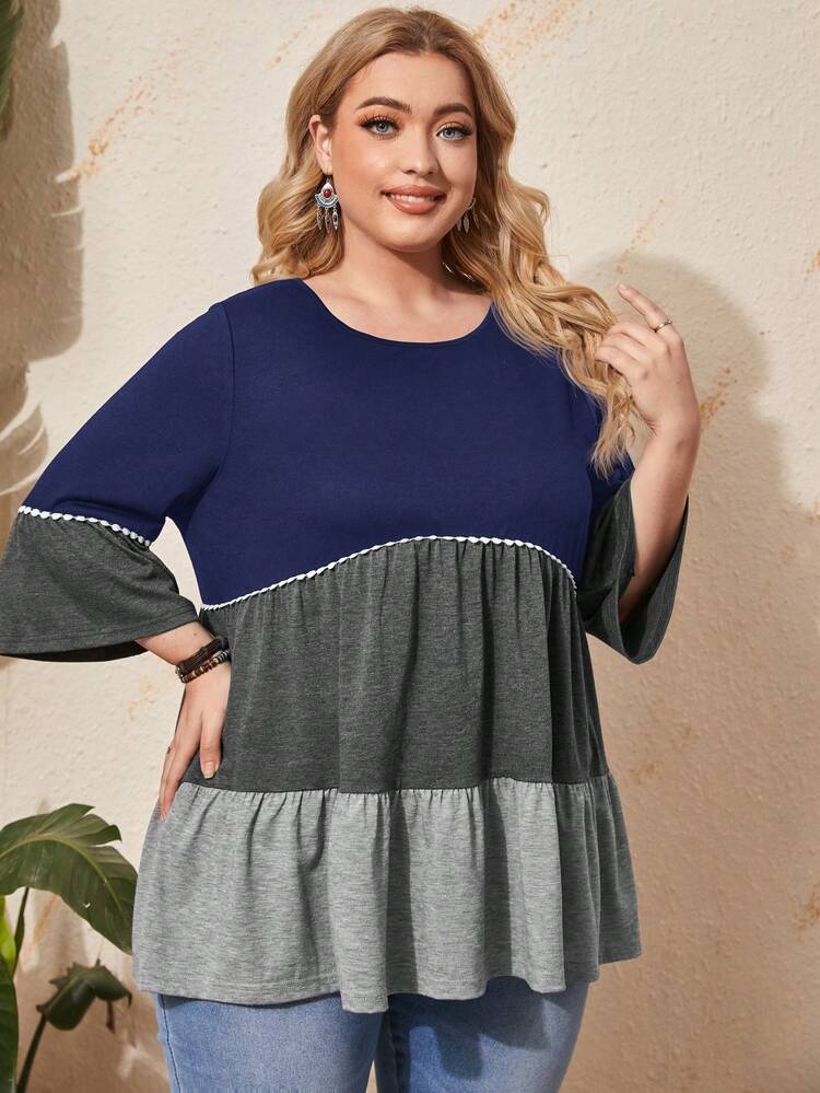 Plus Size Women Summer Contrast Color Round Neck Short Sleeve Loose Ruffle Trim T-Shirt