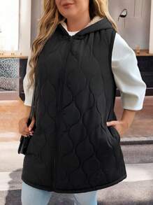 SHEIN LUNE 绗缝双面连帽背心，带口袋，大码冬装 - 黑色 - 查看 7