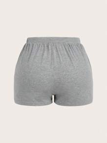 Slaydiva 2 piezas Conjunto informal de mujer con sudadera con capucha de patrón en cruz y shorts ajustados - Gris - Ver 3