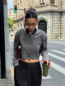 SHEIN Frenchy 女士春秋条纹长袖短款休闲棒球夹克 - 深灰色 - 查看 4