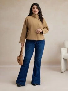 BizChic 大码纯色针织立领长袖夹克秋季女装冬季女装冬季夹克 - 卡其色 - 查看 6