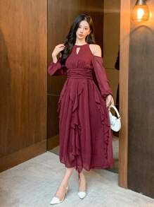 DAZY Women Solid Color Ruffle Ruffle Hem Chiffon Dress, Birthday ,New Year Eve Valentine Valentine's Day Prom Dress,Fall Clothes