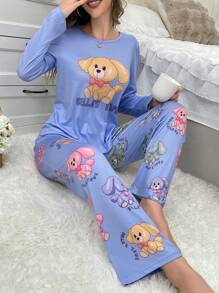 1 conjunto Pijama de mujer con parte superior de manga larga de cuello redondo y pantalones con estampado de perros