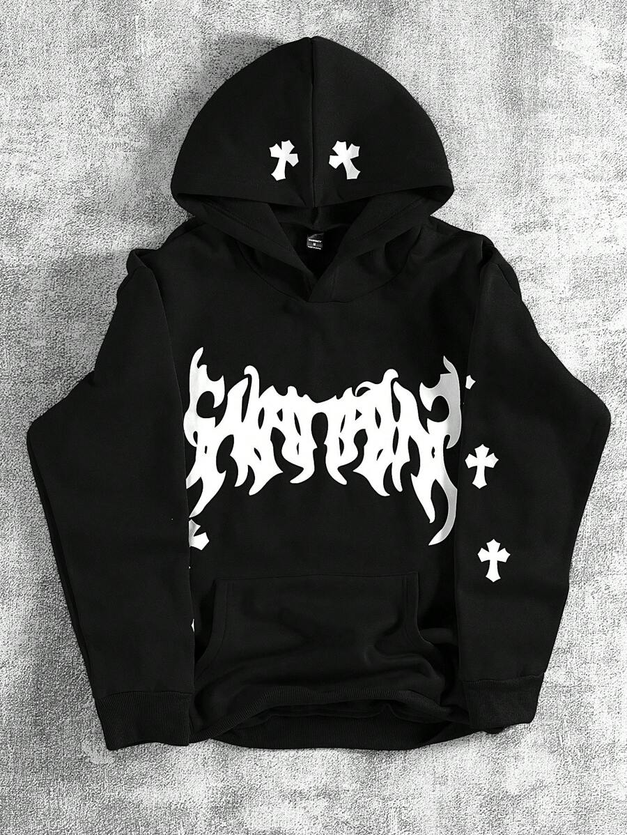 Manfinity EMRG Men's Loose Fit Letter Print Hooded Thermal Lined Sweatshirt, Autumn Winter, Emo Style, 2000s Style, Long Sleeve Top