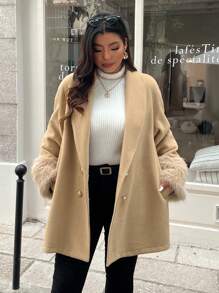 Flirla Plus Size Women's Casual Patchwork Lantern Sleeve Woolen Poncho, Autumn/Winter - Khaki - View 3