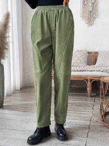 SHEIN LUNE Women's Elastic Waist Thermal Lined Pockets Splitting Design Trousers