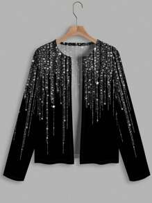 SHEIN Clasi 1 件女士加大码简约闪亮印花前开夹克，适合秋冬季、万圣节服装 - 黑色 - 查看 7