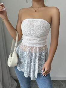 Chiquease Women's White Lace Ruffle Hem Bandeau Top