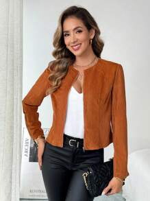 SHEIN Clasi Spring Autumn Casual Solid Color Front Zip Up Cropped Jacket, Women Fall Clothes - Khaki - View 3