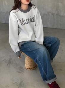 FRIFUL Suéter holgado con bloques de color y letras para mujer, otoño e invierno - Beis - Ver 2