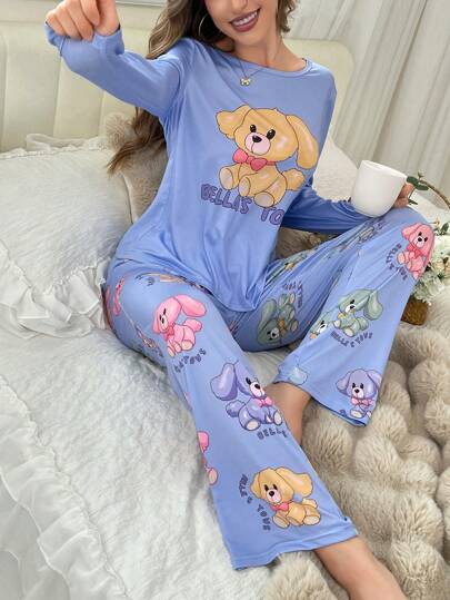 SHEIN 1set Women Dog Pattern Printed Round Neck Long Sleeve Casual Top And Pants Pajama Set, Fall Winter Clothes Cozy And Elegant Details