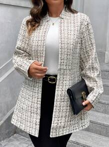 SHEIN Clasi معطف طويل كم أنيق ذو طباعة مربعات للمقاسات الكبيرة للاستخدام في فصل الشتاء - قهوة بني - مشاهدة 3