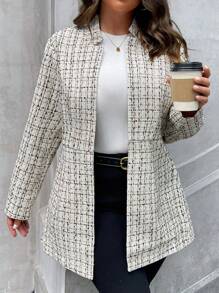 SHEIN Clasi معطف طويل كم أنيق ذو طباعة مربعات للمقاسات الكبيرة للاستخدام في فصل الشتاء - قهوة بني - مشاهدة 5