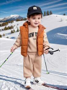 SHEIN 3 sztuki/zestaw chłopięcy ciepły jednolity kolor polarowa kamizelka, bluza z kapturem, zestaw długich spodni na jesień i zimę, odpowiedni na zewnątrz, narciarstwo